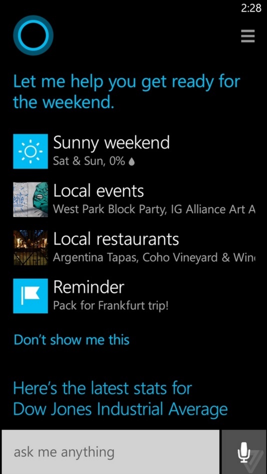 cortana updates about weather, local events, reminders