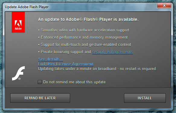 adobe flash player update available window