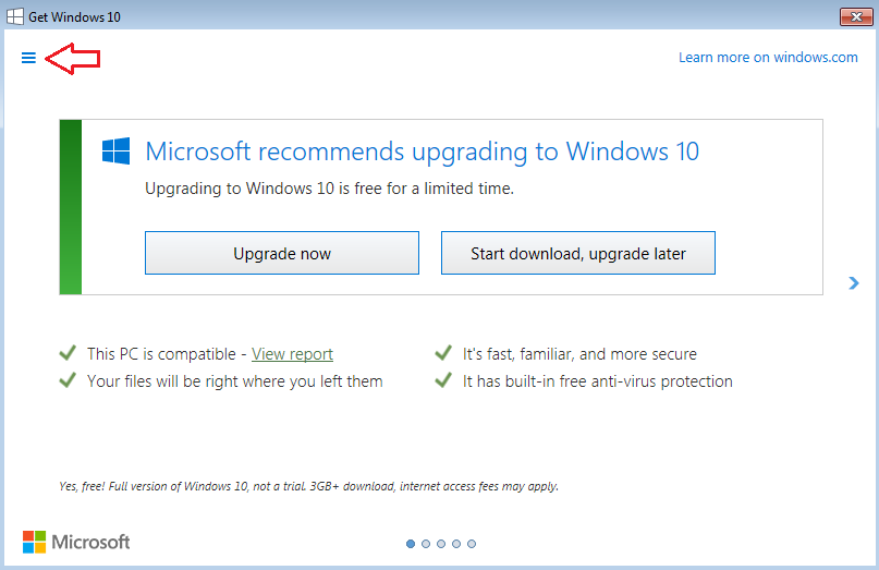 recommendation to upgrade to windows 10