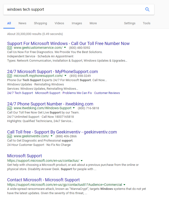 windows tech support google search, showing deceptive search results