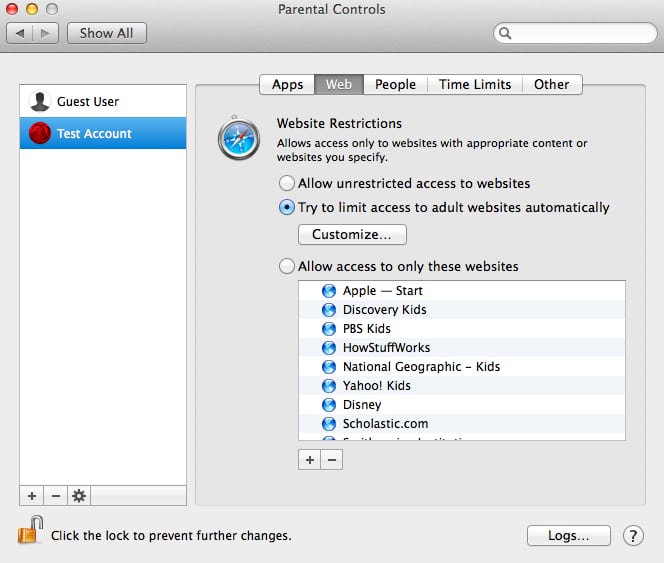 parental controls window on mac